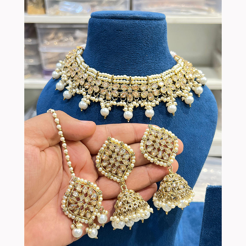 Hira Collections Royal Crystal Stone Beads And Pearl Necklace Set
