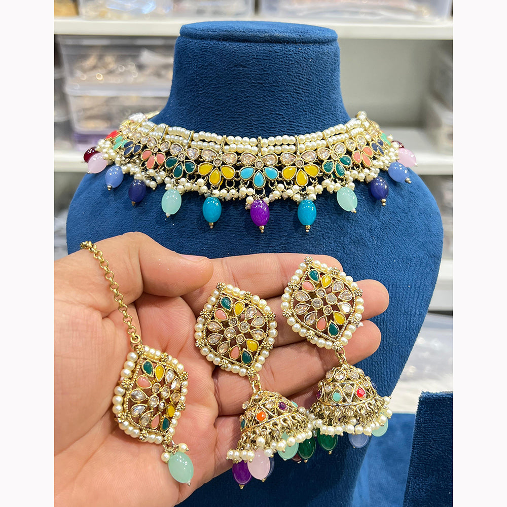 Hira Collections Royal Crystal Stone Beads And Pearl Necklace Set