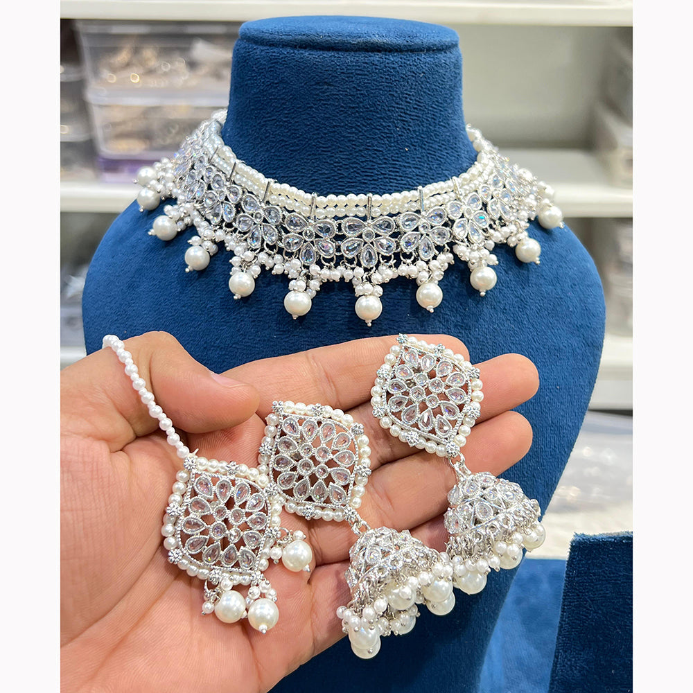 Hira Collections Royal Crystal Stone Beads And Pearl Necklace Set