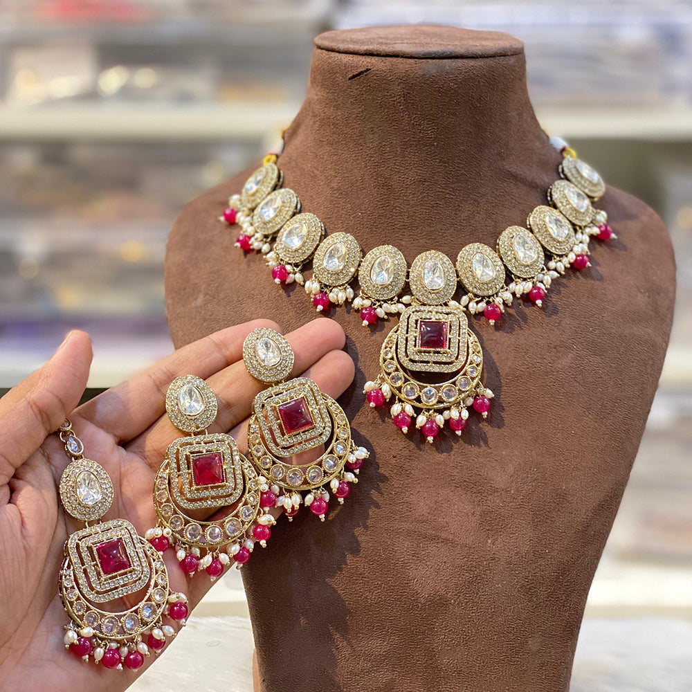 Hira Collections Royal Crystal Stone Beads And Pearl Necklace Set