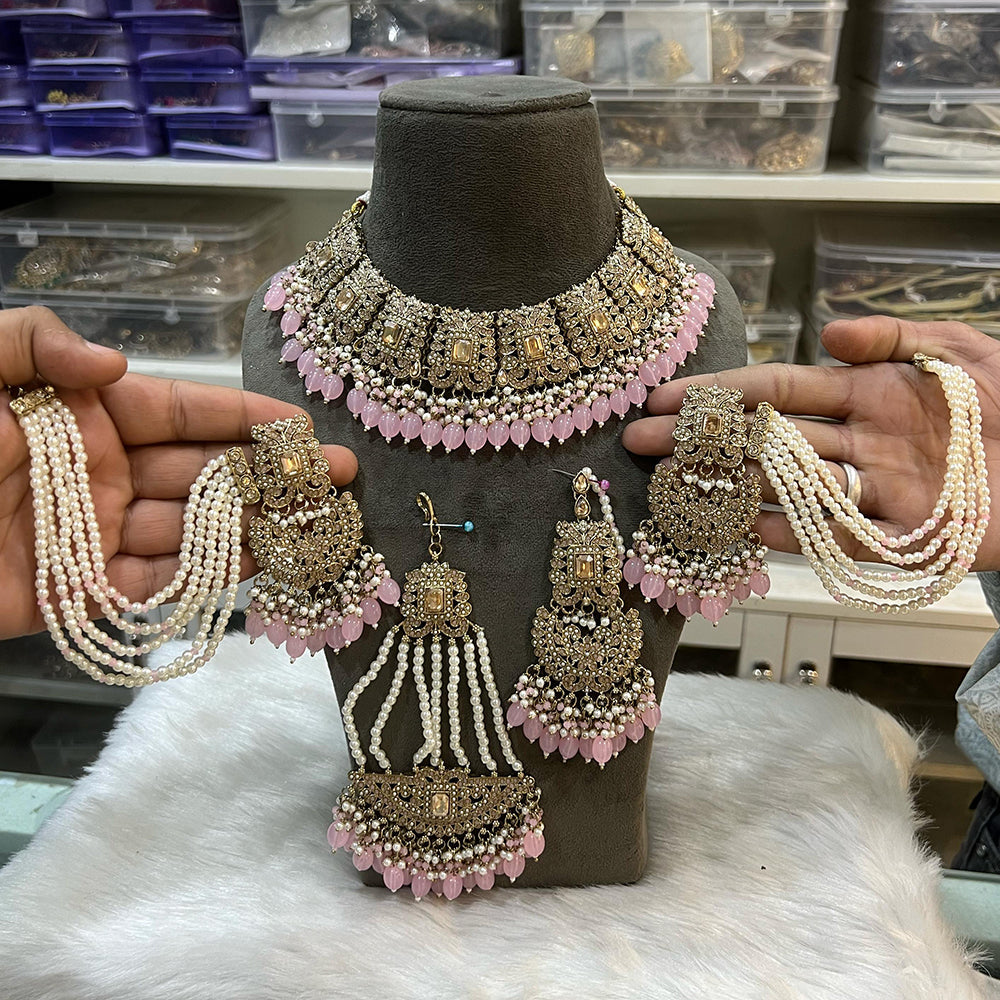 Hira Collections Royal Crystal Stone Beads And Pearl Necklace Set With Passa