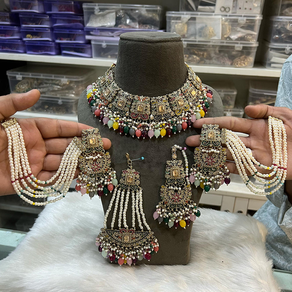 Hira Collections Royal Crystal Stone Beads And Pearl Necklace Set With Passa