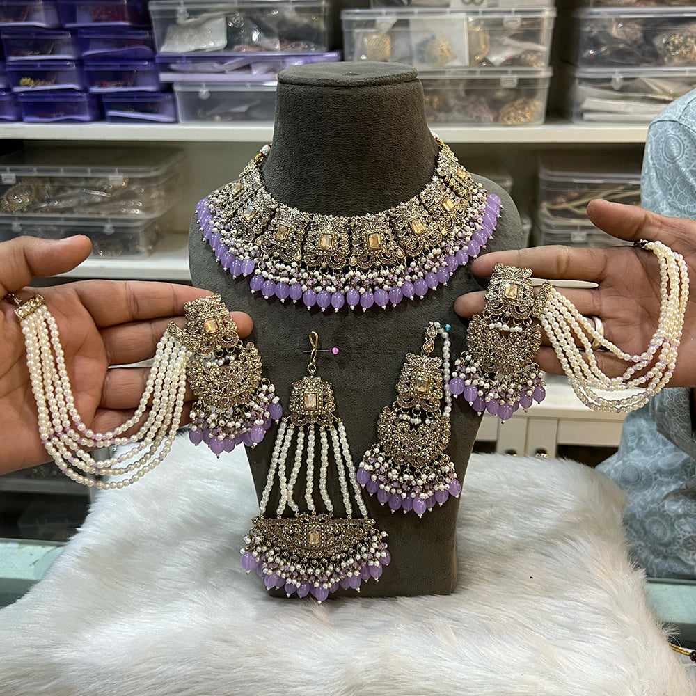 Hira Collections Royal Crystal Stone Beads And Pearl Necklace Set With Passa