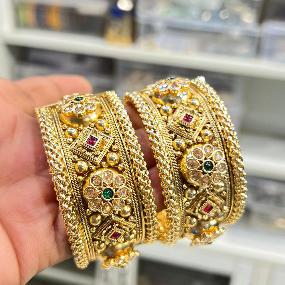 Hira Collections Royal Crystal And Pota Stone Openable Bangles Set