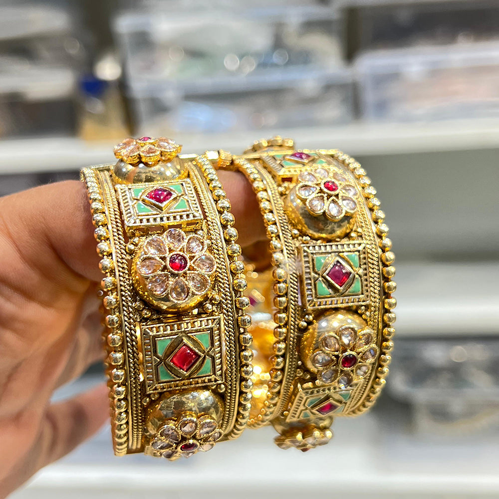 Hira Collections Royal Pota Stone And Meenakari Openable Bangles Set
