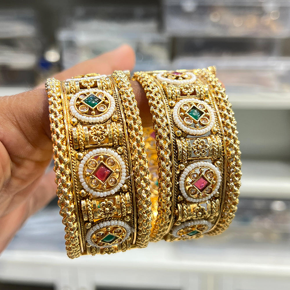 Hira Collections Royal Pota Stone And Pearl Openable Bangles Set