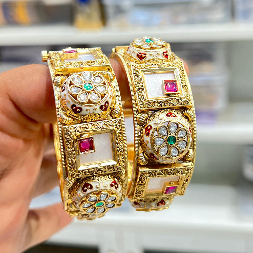 Hira Collections Royal Pota Stone And Meenakari Openable Bangles Set