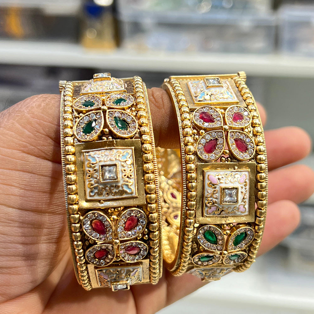 Hira Collections Royal Pota Stone And Meenakari Openable Bangles Set
