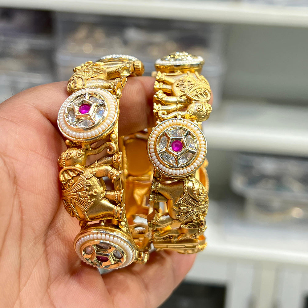 Hira Collections Royal Pota Stone And Pearl Openable Bangles Set