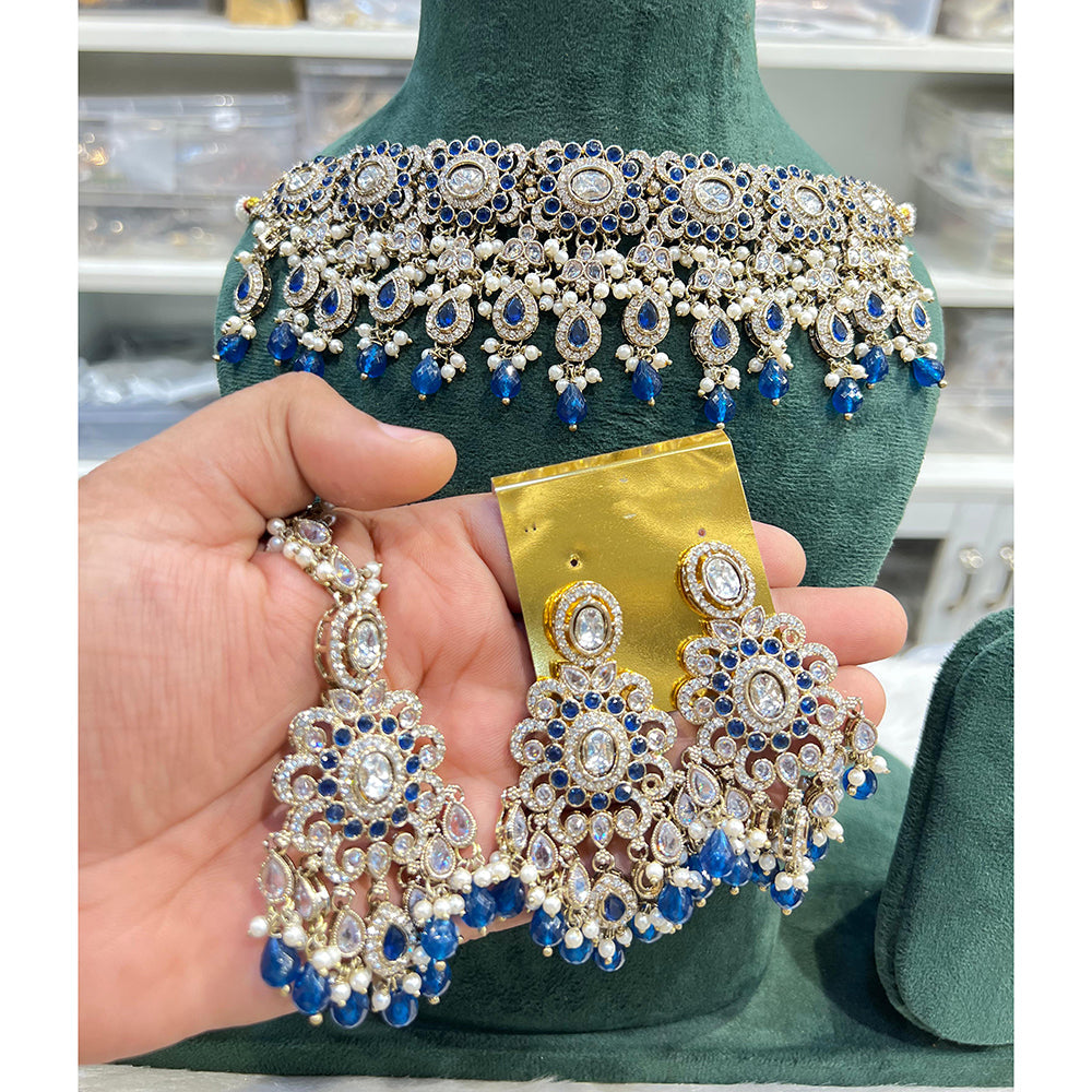 Hira Collections Sparkling Crystal And Pearl Choker Necklace Jewellery Set