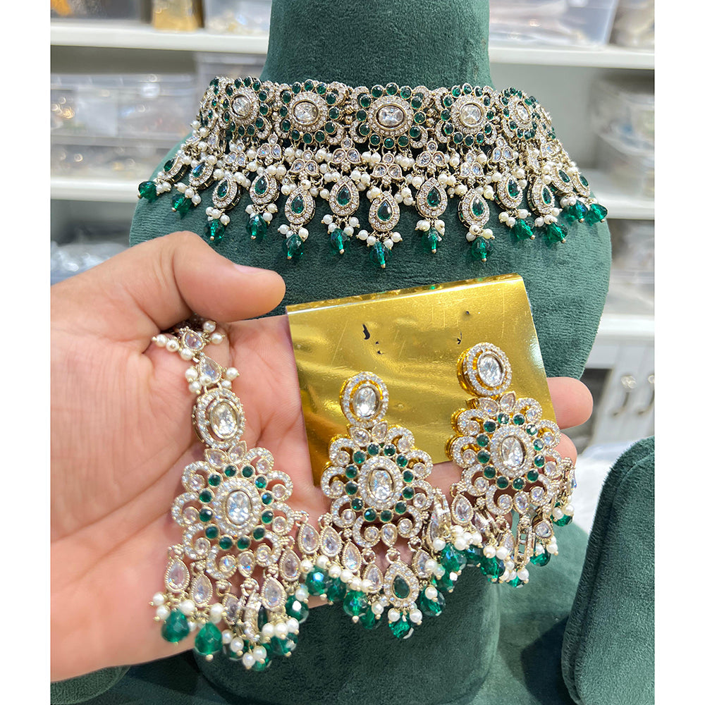 Hira Collections Sparkling Crystal And Pearl Choker Necklace Jewellery Set