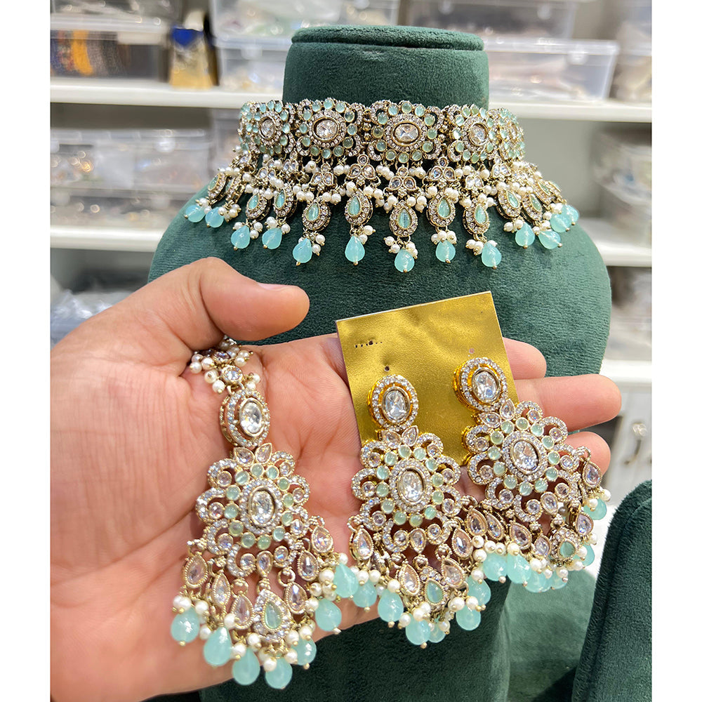 Hira Collections Sparkling Crystal And Pearl Choker Necklace Jewellery Set