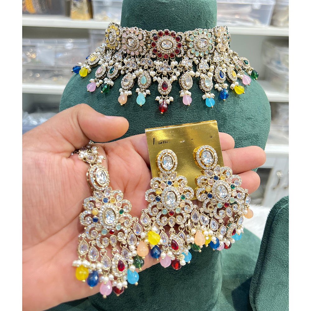 Hira Collections Sparkling Crystal And Pearl Choker Necklace Jewellery Set