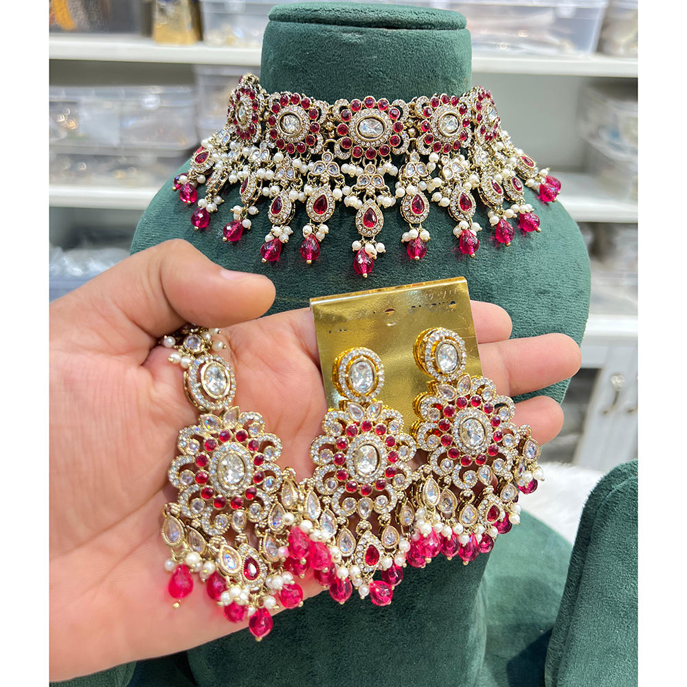 Hira Collections Sparkling Crystal And Pearl Choker Necklace Jewellery Set