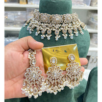 Hira Collections Sparkling Crystal And Pearl Choker Necklace Jewellery Set