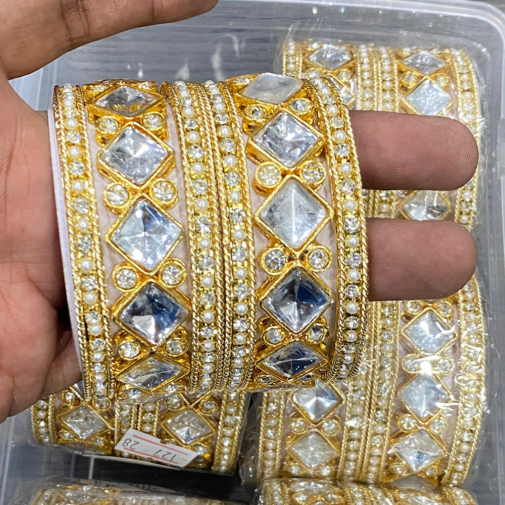 Hira Collections Divine Sparkle Crystal Stone And Pearl Bangles Set