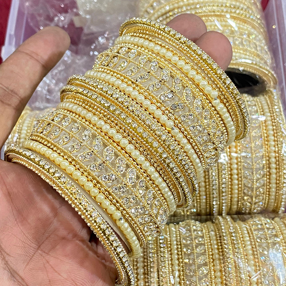 Hira Collections Divine Sparkle Crystal Stone And Pearl Bangles Set