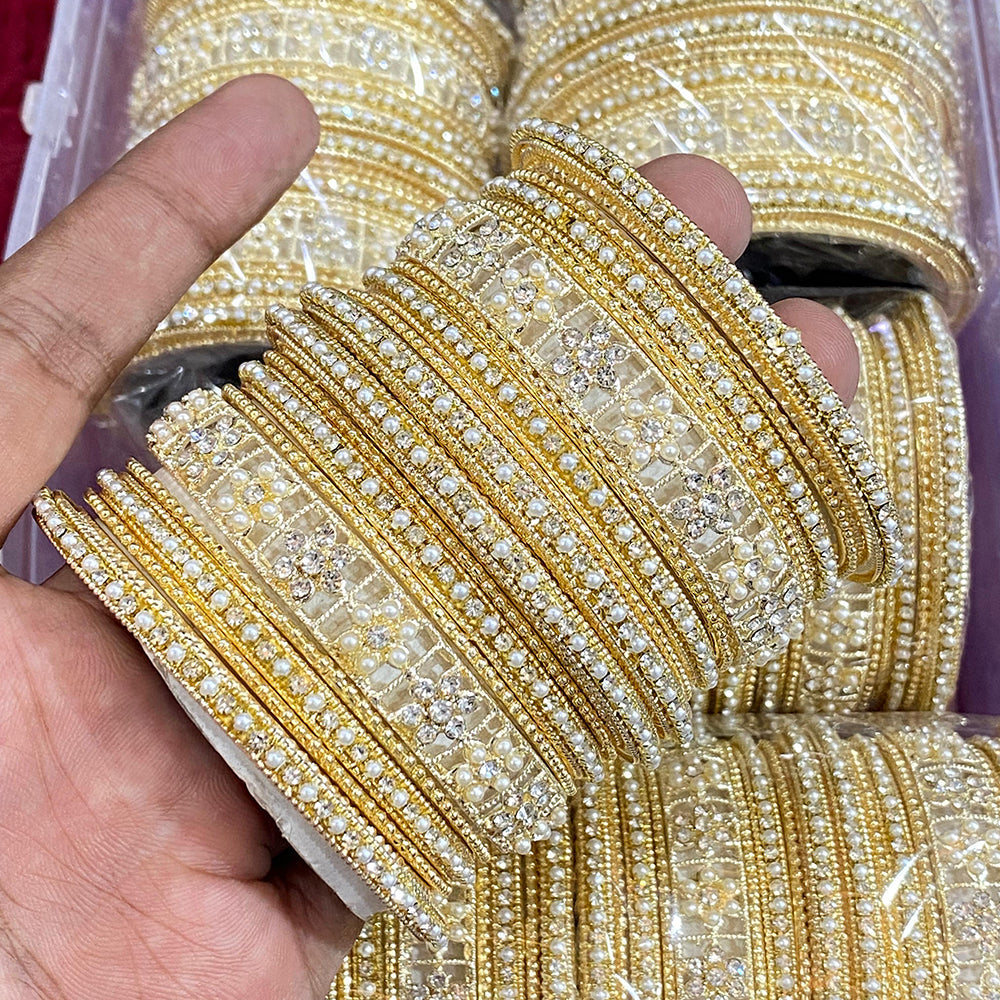 Hira Collections Divine Sparkle Crystal Stone And Pearl Bangles Set