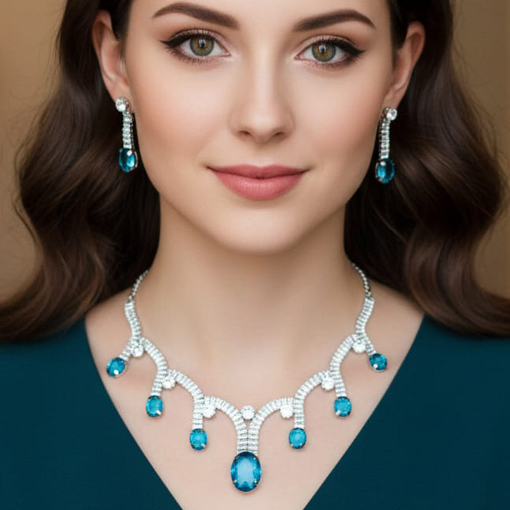 Hira Collections Rhodium Plated Crystal Stone Necklace Set