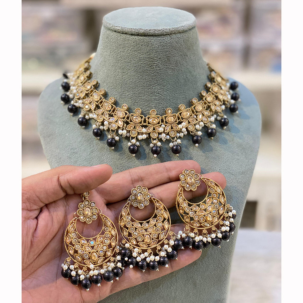 Hira Collections Designer Crystal Stone Pearl And Beads Choker Necklace Set