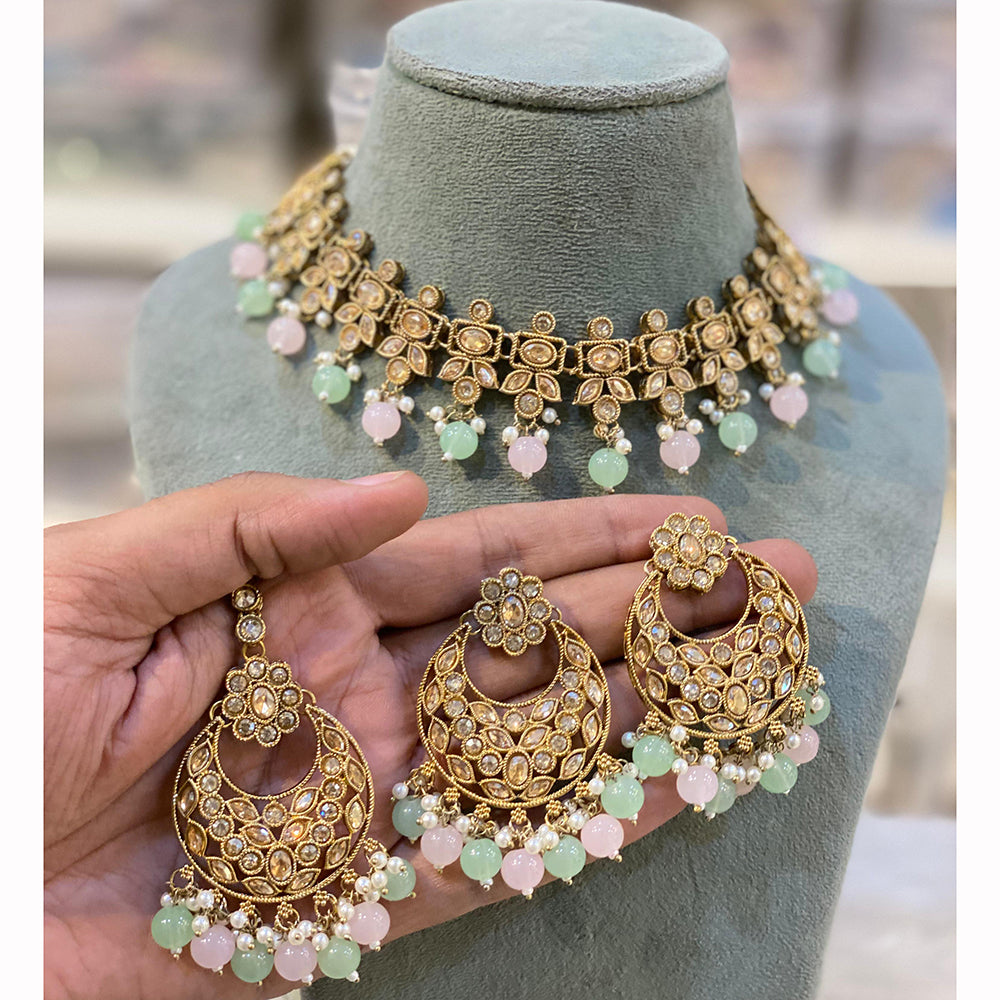 Hira Collections Designer Crystal Stone Pearl And Beads Choker Necklace Set