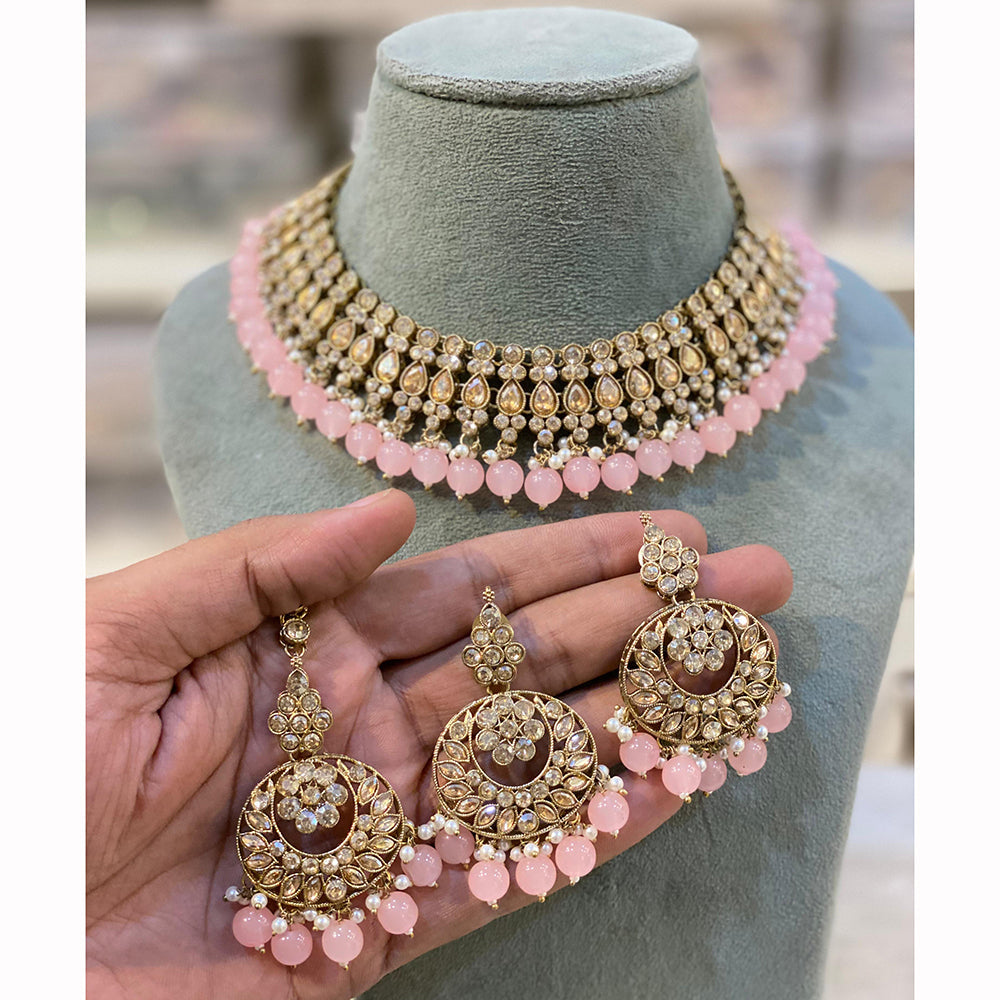 Hira Collections Designer Crystal Stone Pearl And Beads Choker Necklace Set