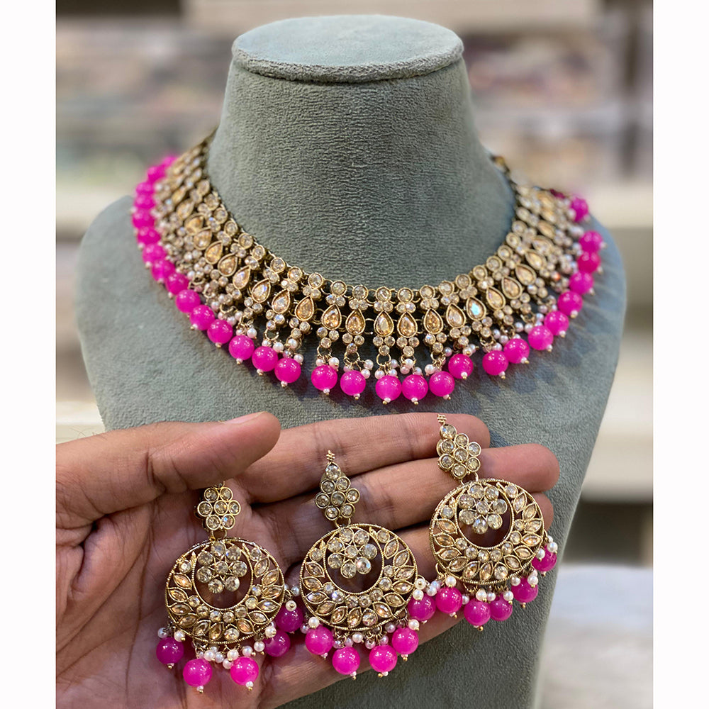 Hira Collections Designer Crystal Stone Pearl And Beads Choker Necklace Set