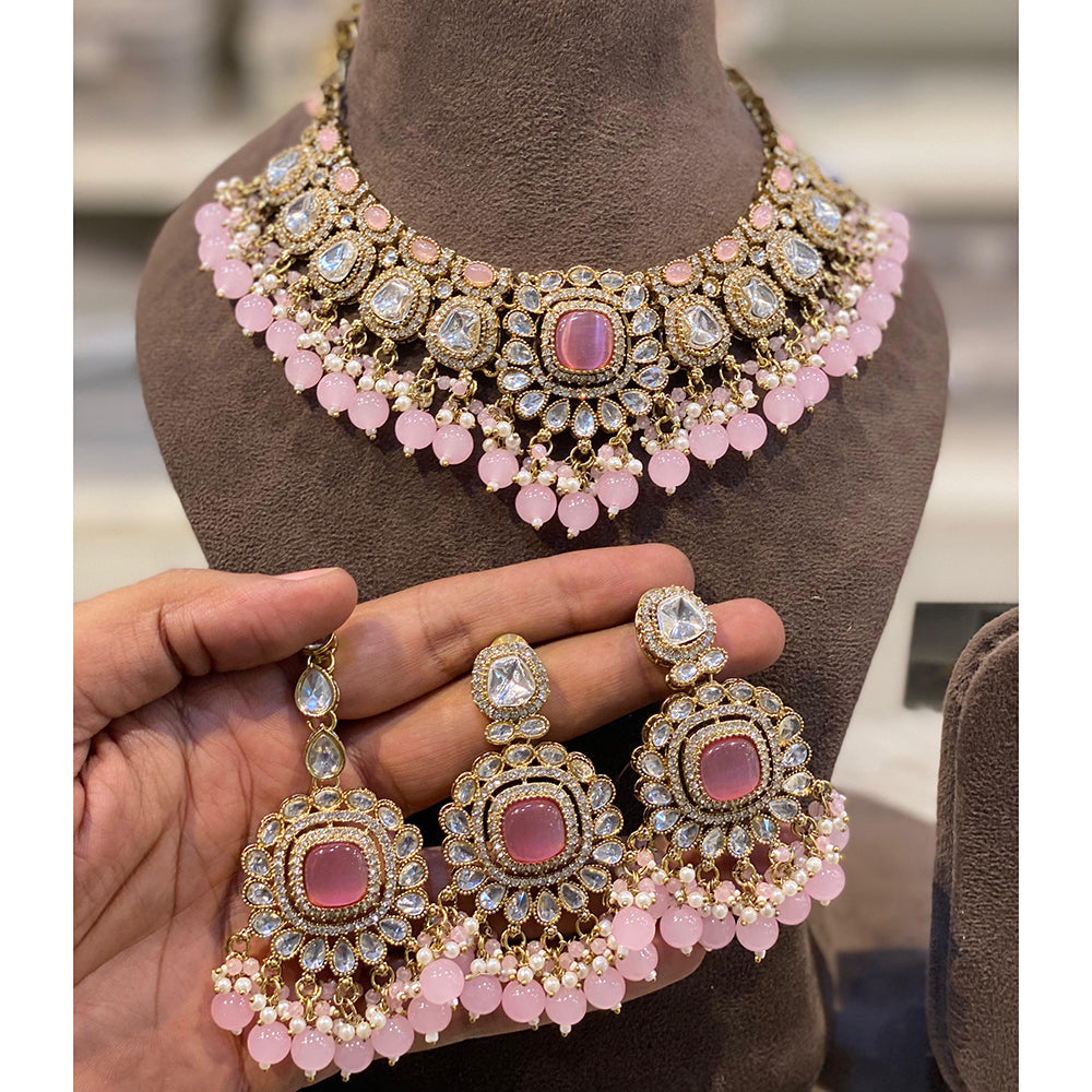 Hira Collections Premium Crystal Stone Pearl And Beads Choker Necklace Set