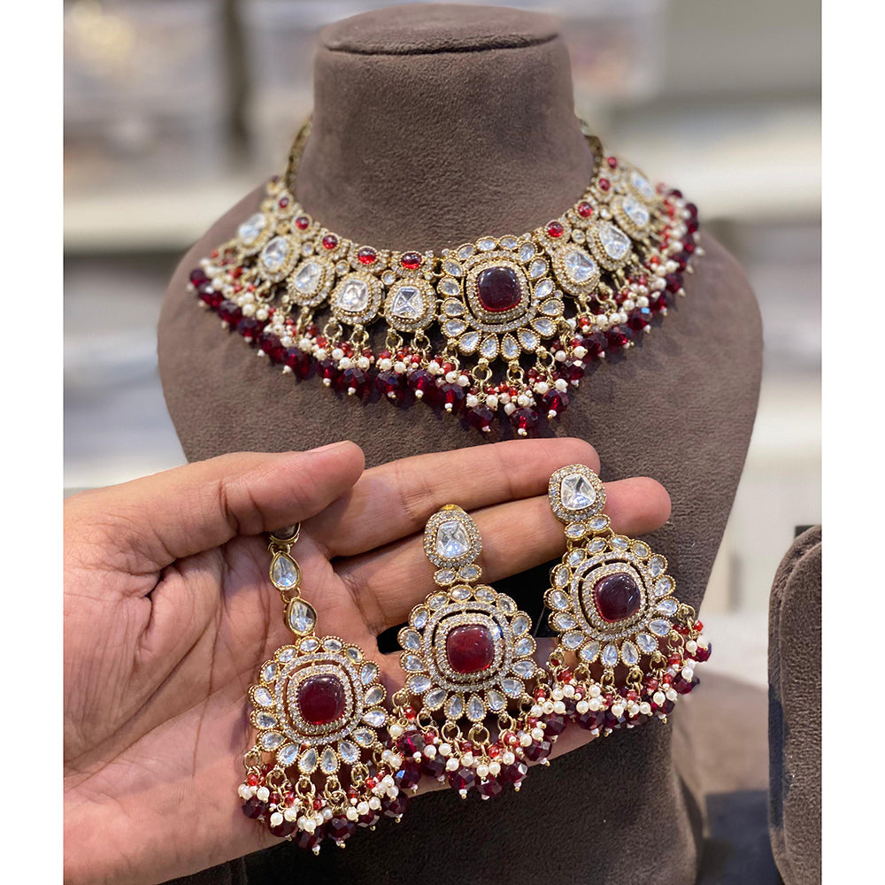 Hira Collections Premium Crystal Stone Pearl And Beads Choker Necklace Set