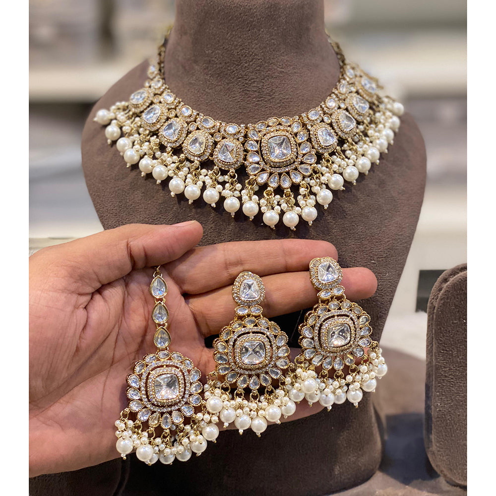 Hira Collections Premium Crystal Stone Pearl And Beads Choker Necklace Set