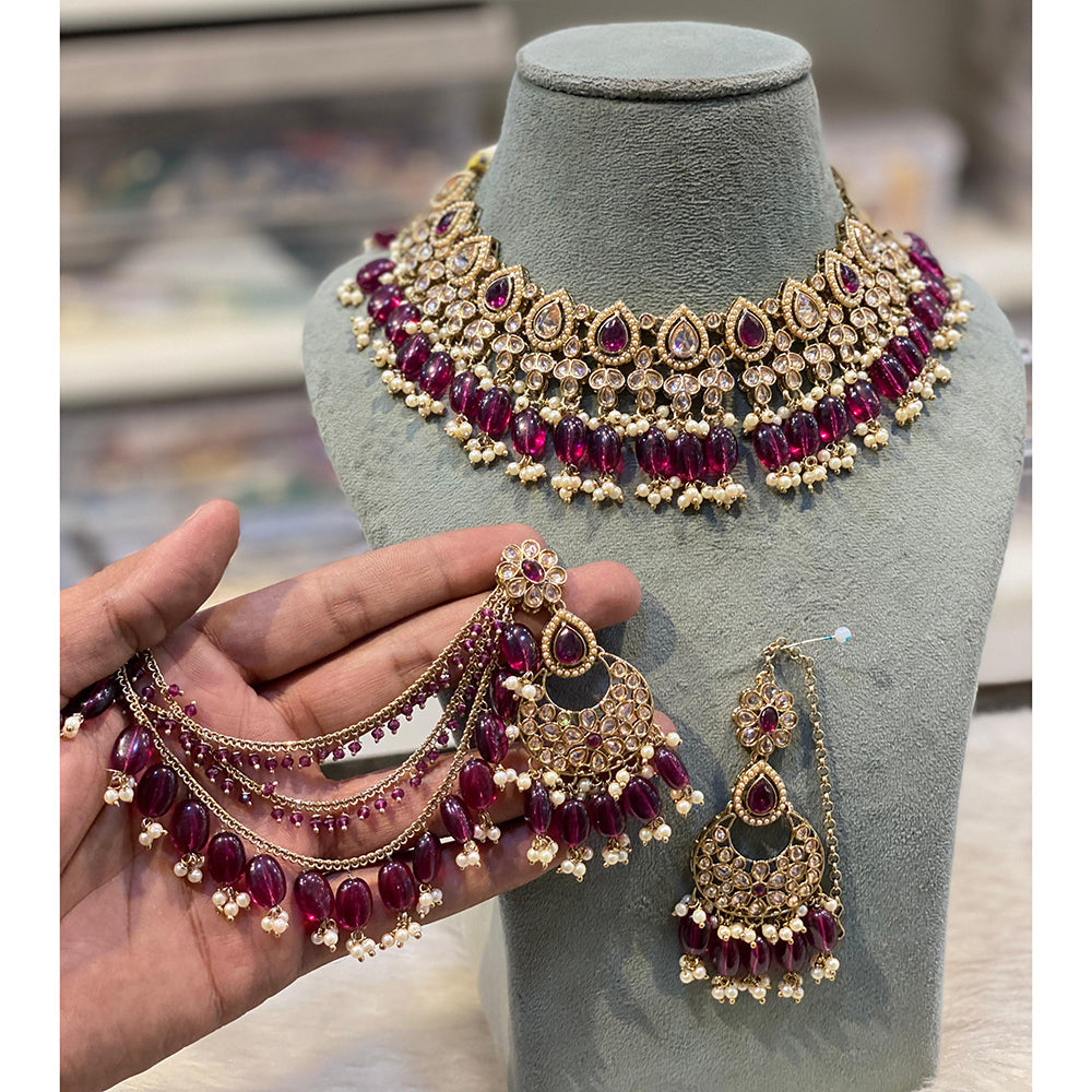 Hira Collections Premium Crystal Stone Pearl And Beads Choker Necklace Set