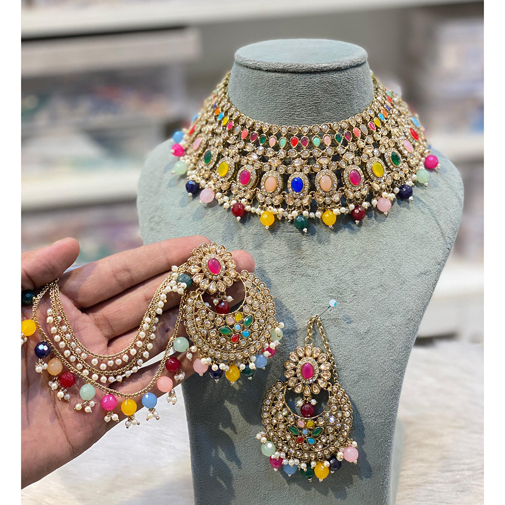 Hira Collections Premium Crystal Stone Pearl And Beads Choker Necklace Set