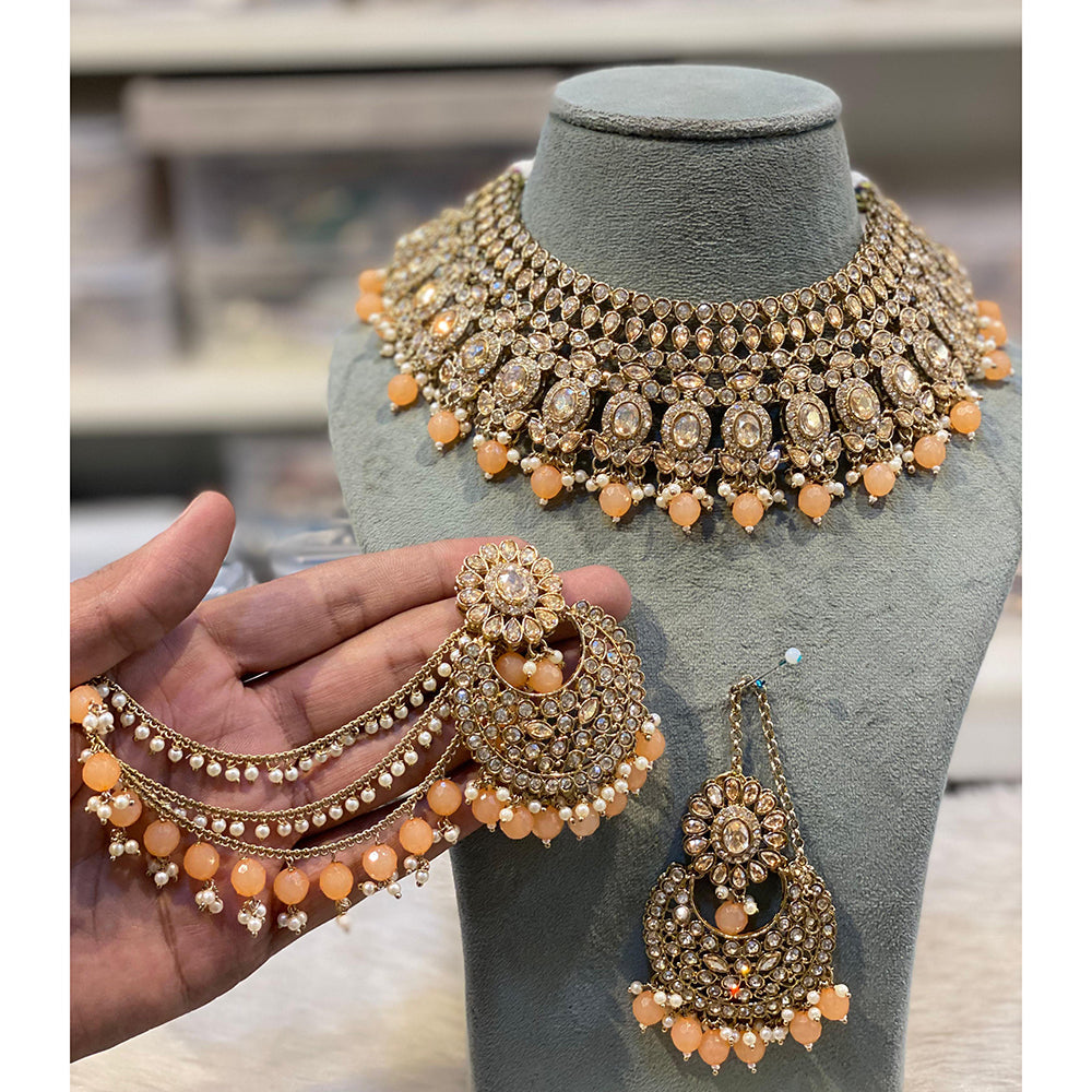 Hira Collections Premium Crystal Stone Pearl And Beads Choker Necklace Set