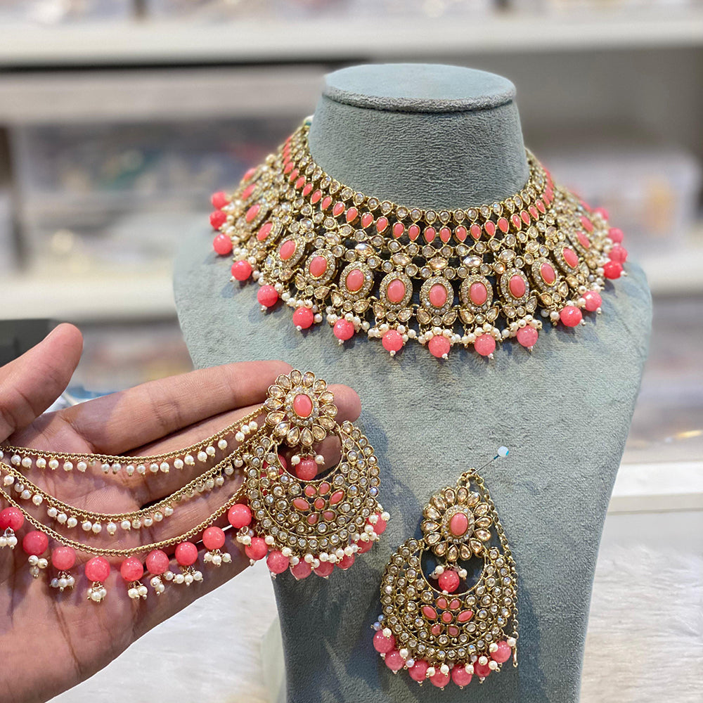 Hira Collections Premium Crystal Stone Pearl And Beads Choker Necklace Set