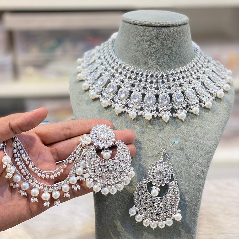 Hira Collections Premium Crystal Stone Pearl And Beads Choker Necklace Set