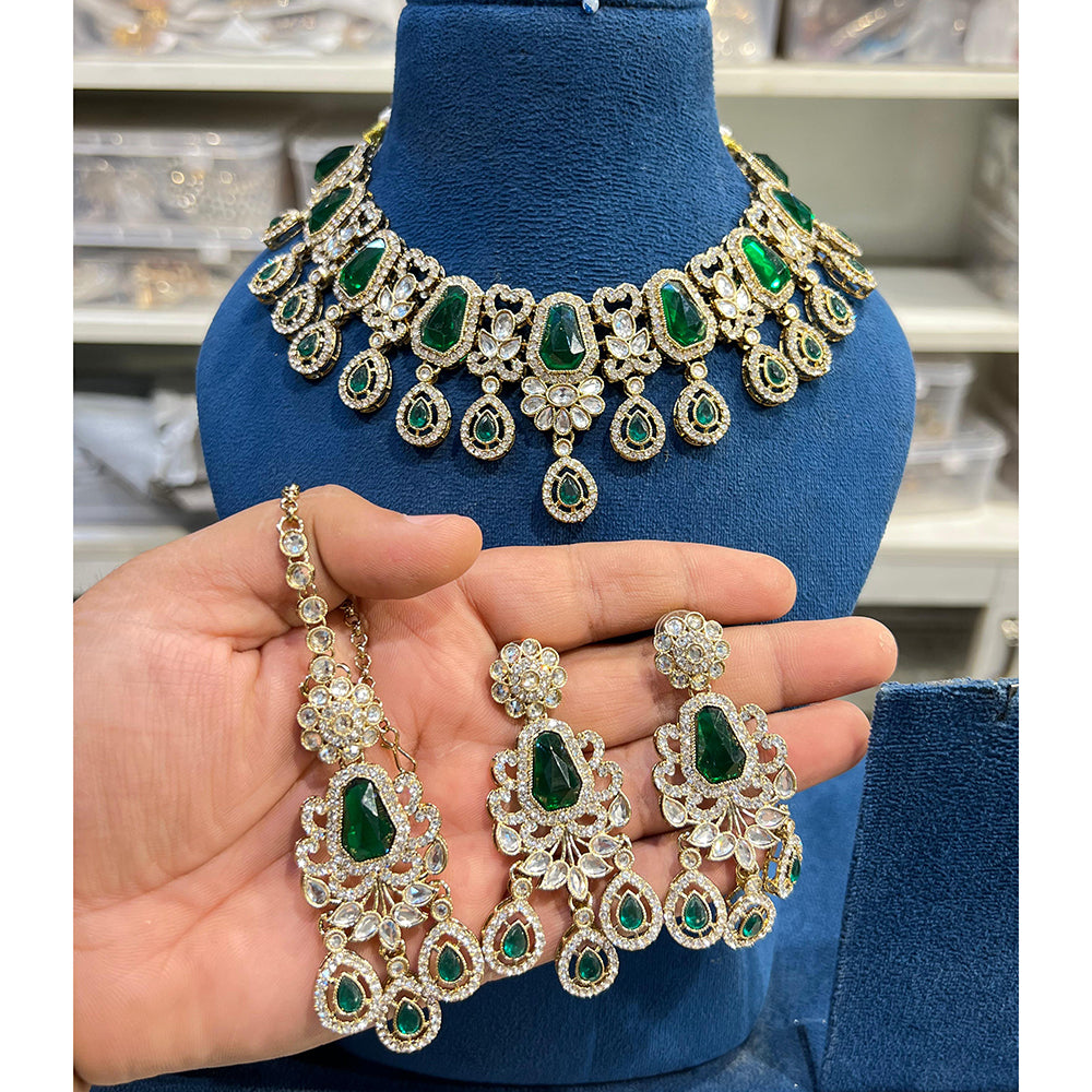 Hira Collection Kundan And Crystal Stone Elegance Necklace Set With Maang Tikka