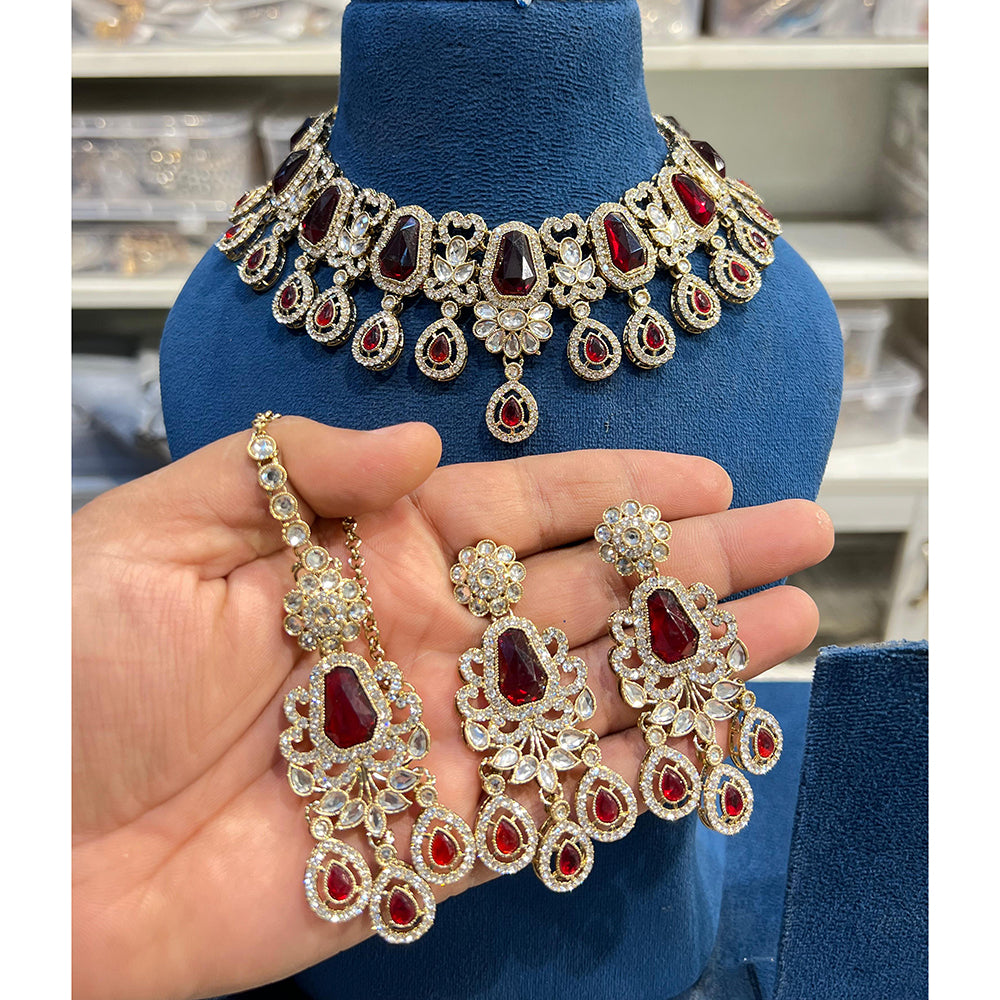 Hira Collection Kundan And Crystal Stone Elegance Necklace Set With Maang Tikka