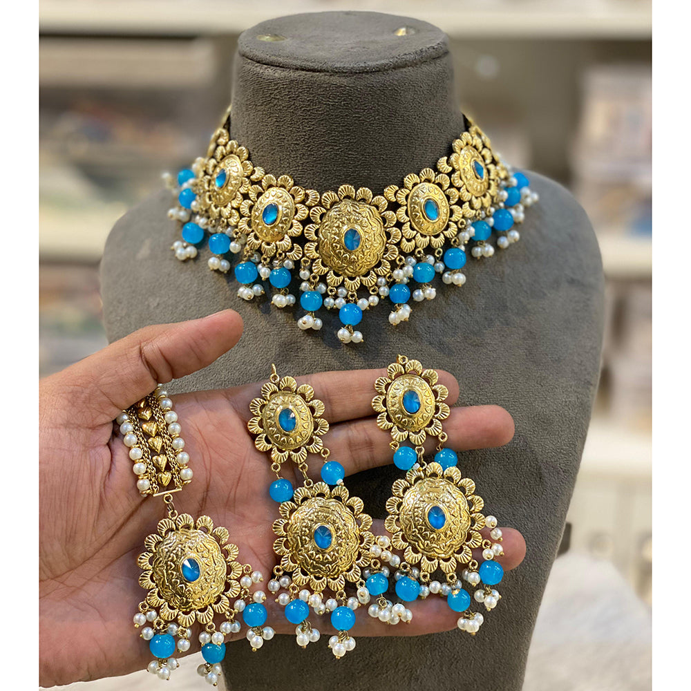 Hira Collection Crystal Stone And Beads Necklace Set With Maang Tikka