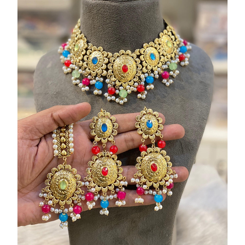 Hira Collection Crystal Stone And Beads Necklace Set With Maang Tikka