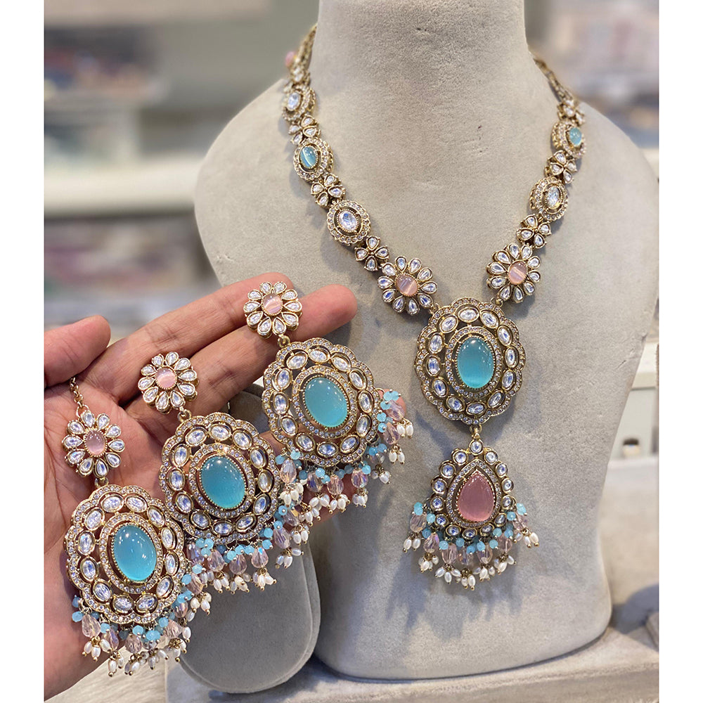 Hira Collection Crystal Stone And Beads Necklace Set With Maang Tikka