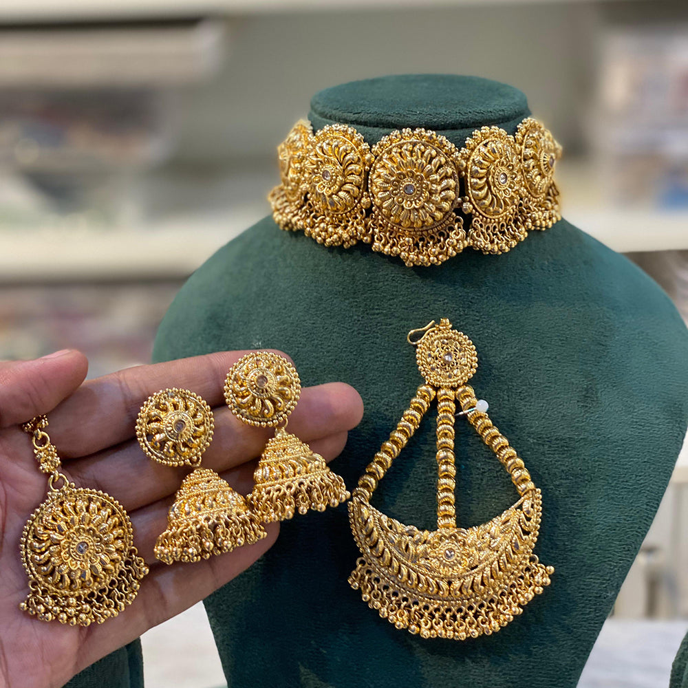 Hira Collection Gold Plated Earrings With Maang Tikka And Pasa