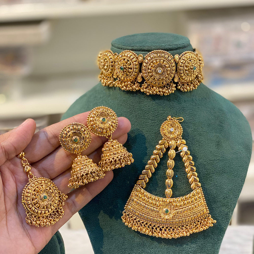 Hira Collection Gold Plated Earrings With Maang Tikka And Pasa