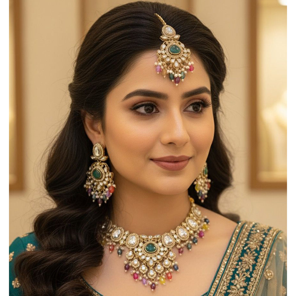 Hira Collection Crystal And Austrian Stone Necklace Set With Maang Tikka