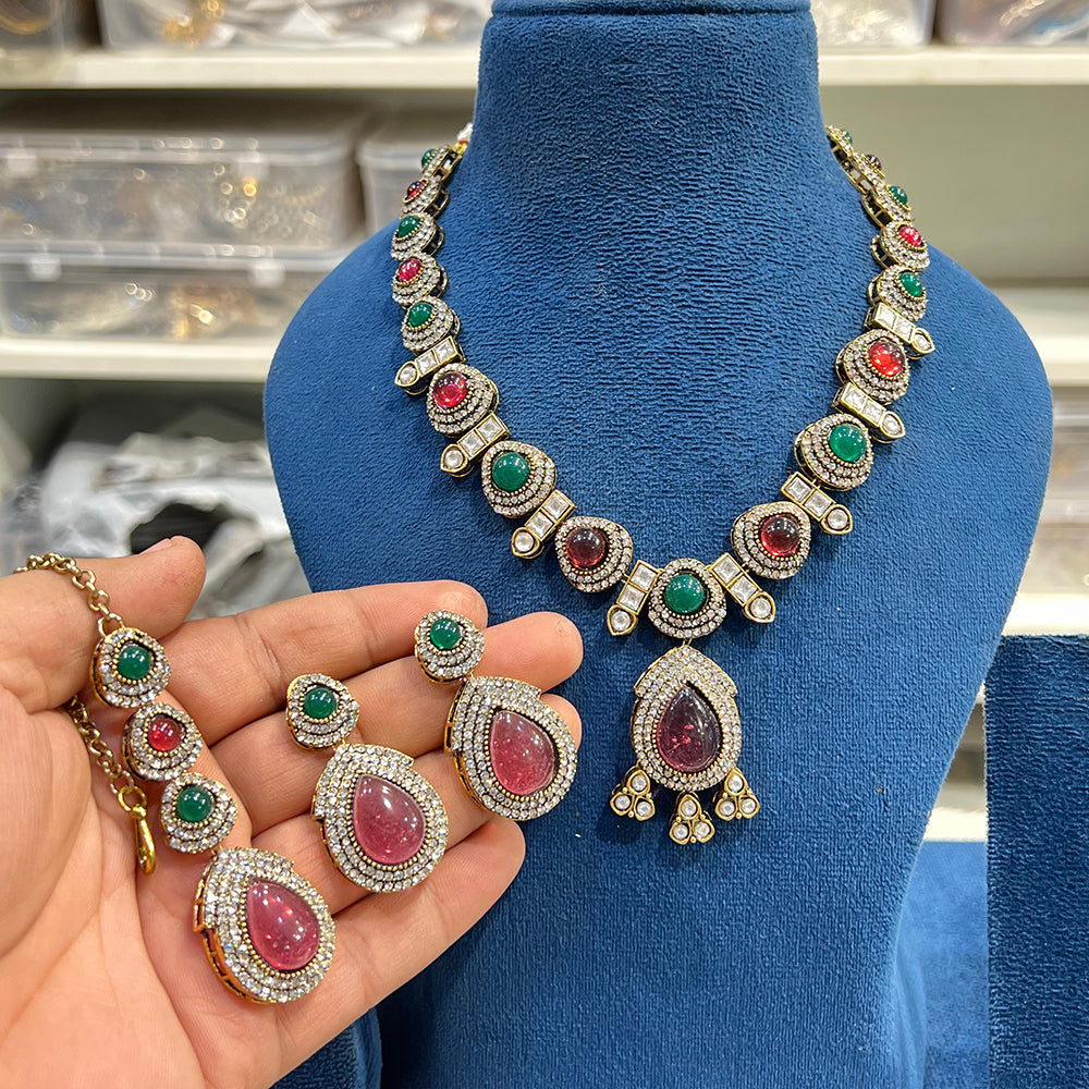 Hira Collection Crystal And Austrian Stone Necklace Set With Maang Tikka