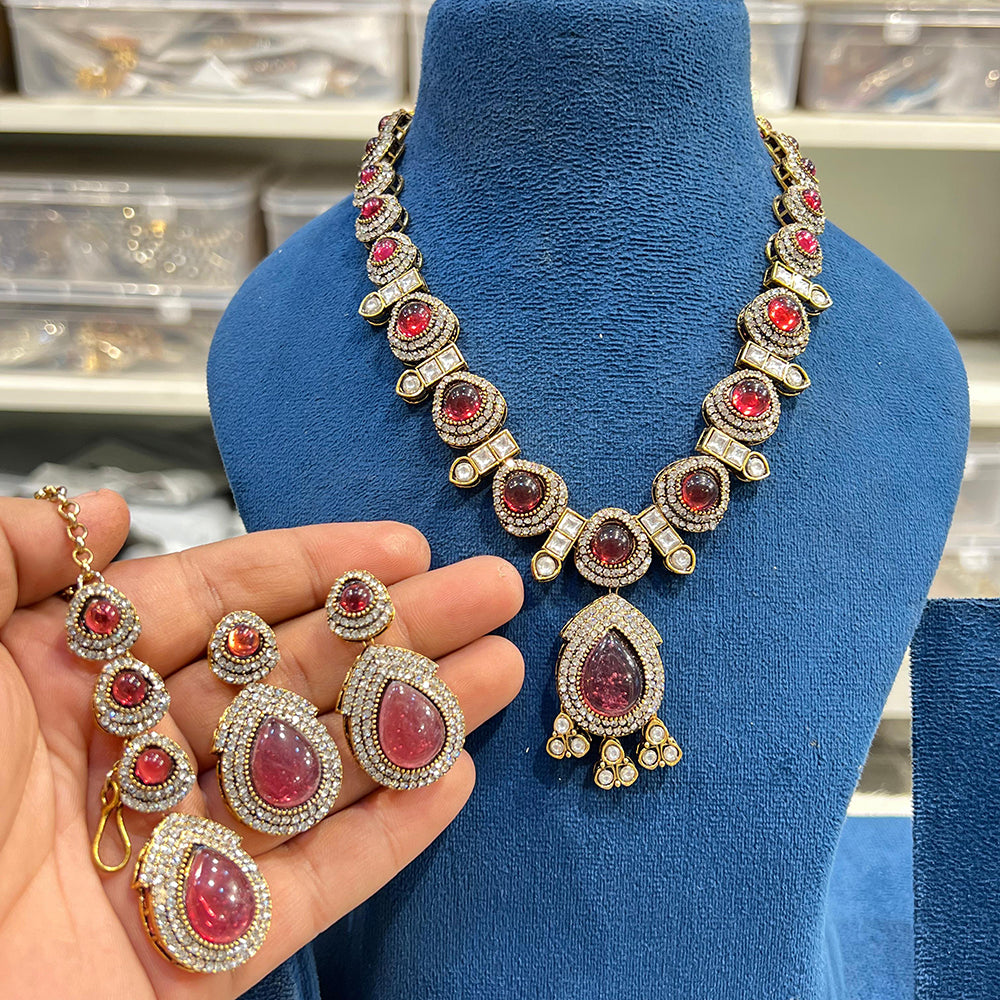 Hira Collection Crystal And Austrian Stone Necklace Set With Maang Tikka