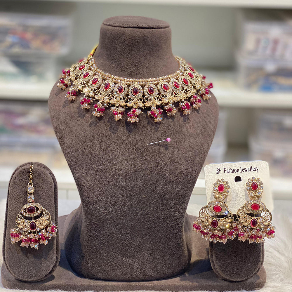 Hira Collections Sparkling Crystal And Pearl Choker Necklace Set