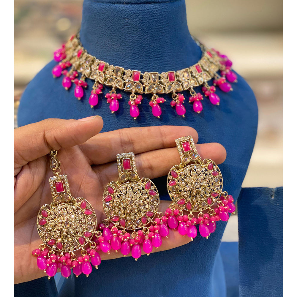 Hira Collections Sparkling Crystal And Pearl Choker Necklace Set