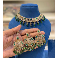 Hira Collections Sparkling Crystal And Pearl Choker Necklace Set