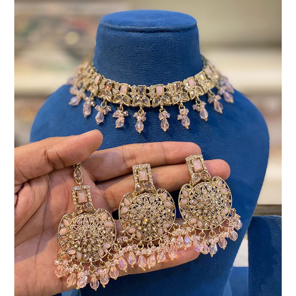 Hira Collections Sparkling Crystal And Pearl Choker Necklace Set