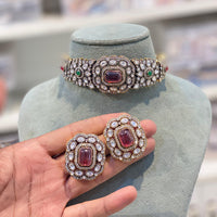 Hira Collections Glam Pota Stone And Austrian Stone Choker Necklace Set